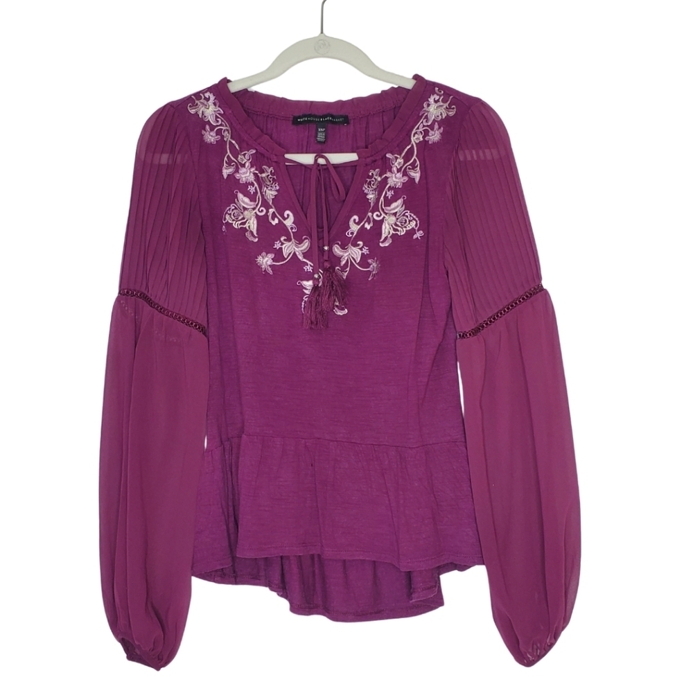 White House Black Market Embroidered Peasant Top XSP Purple Boho Tassel Blouse